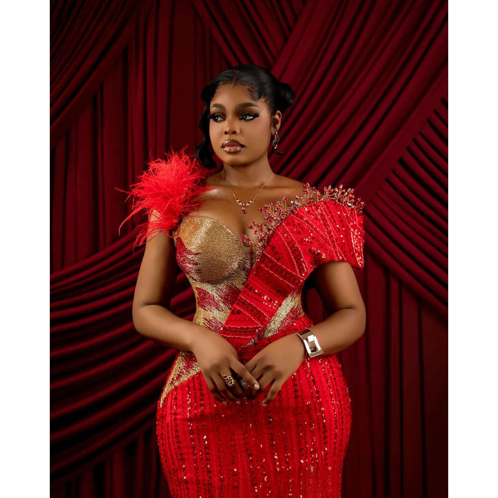 Aso Ebi Red Mermaid Prom Dresses 2026 Crystals Beaded Feather Sequined Sparkly Evening Formal Party Second Birthday Engagement Gowns Dress For Special