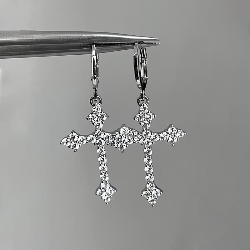 Full-diamond cross long earrings, niche minimalist style, light luxury, high-end feel, versatile and unique earrings - view 4