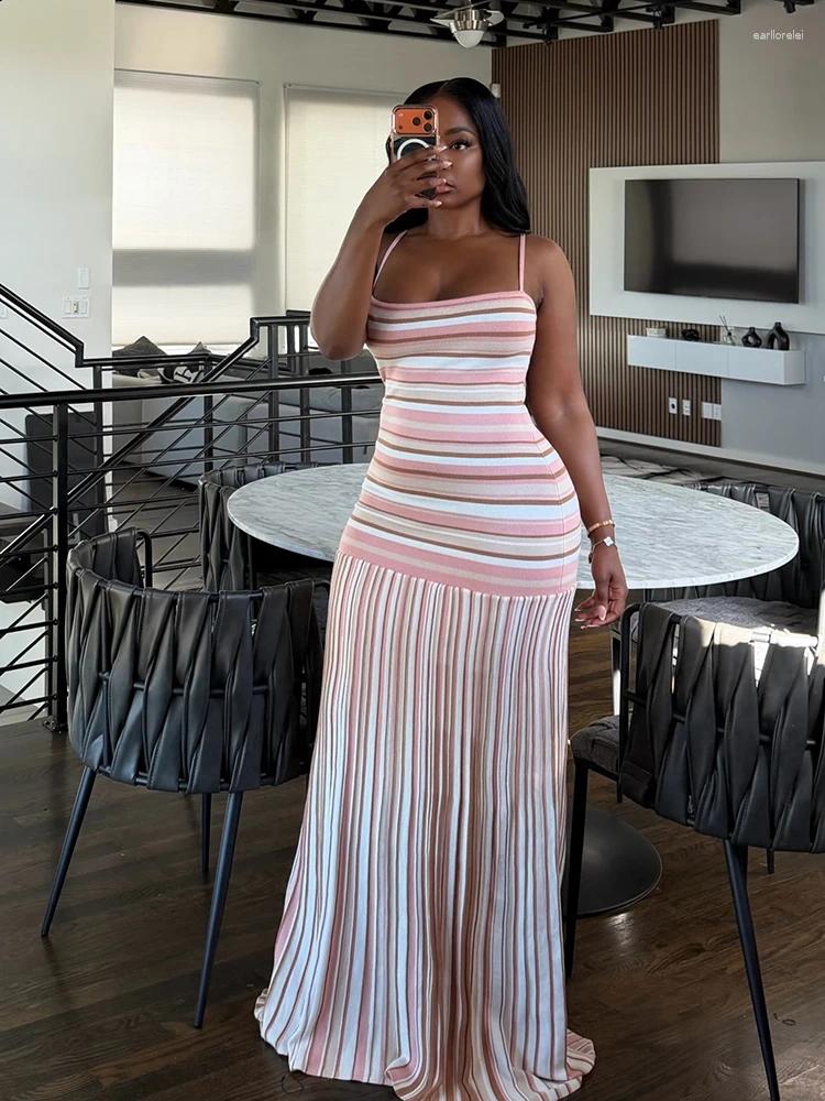 Casual Dresses Women Striped Knit Maxi Dress Spaghetti Strap Sleeveless Bodycon Pleated Hem Summer Chic Elegant Ribbed Gown