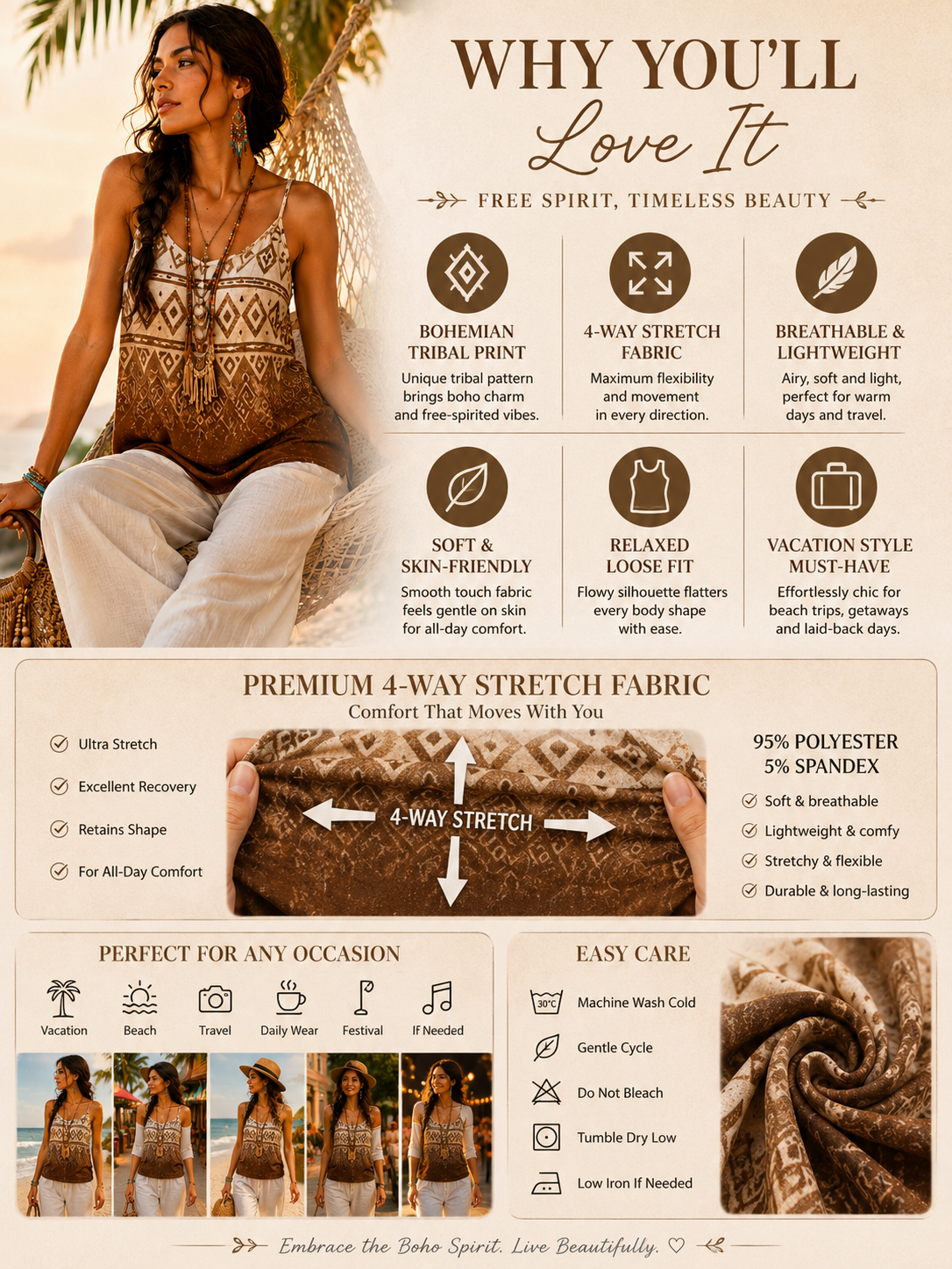 Women's Bohemian Tribal Print Tank Top Premium 4-Way Stretch Fabric, Sleeveless Spaghetti Strap Cami, Loose Fit Lightweight Summer Vacation Blous