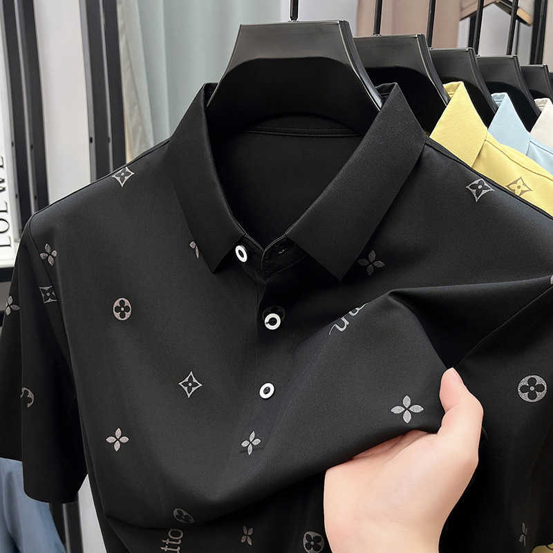 Summer new men's ice silk short-sleeve polo shirt with high-quality collar business casual print and seamless T-shirt for men