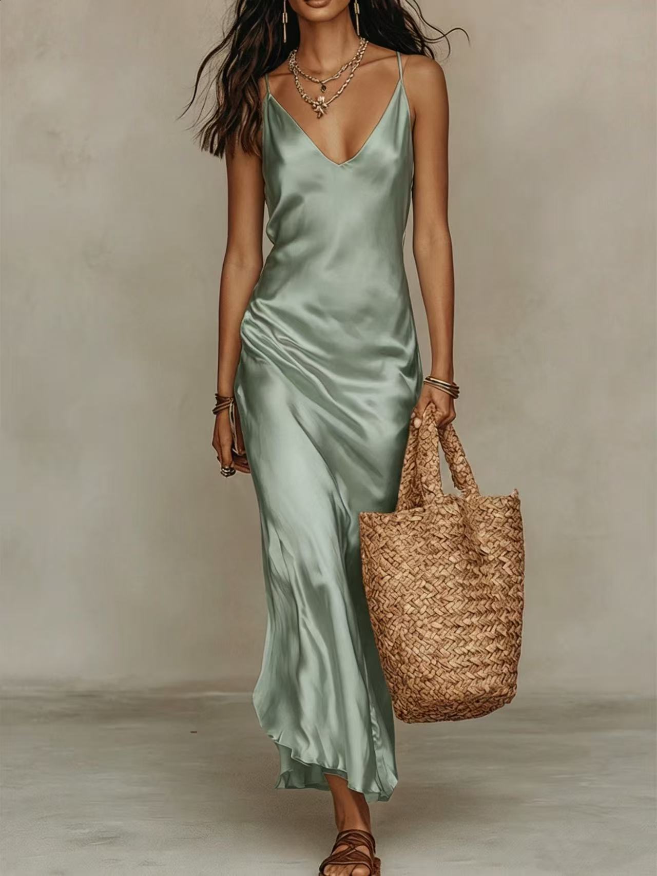 Summer Women Long Silk Spaghetti Strap Loose Split Sexy Maxi Satin Slip Dress 210415