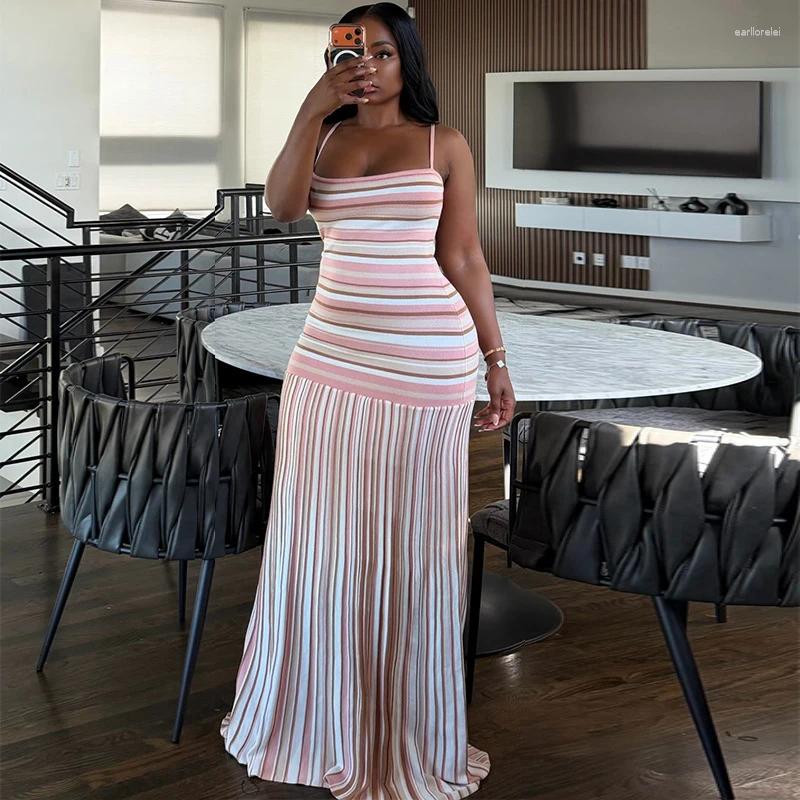 Casual Dresses Women Striped Knit Maxi Dress Spaghetti Strap Sleeveless Bodycon Pleated Hem Summer Chic Elegant Ribbed Gown