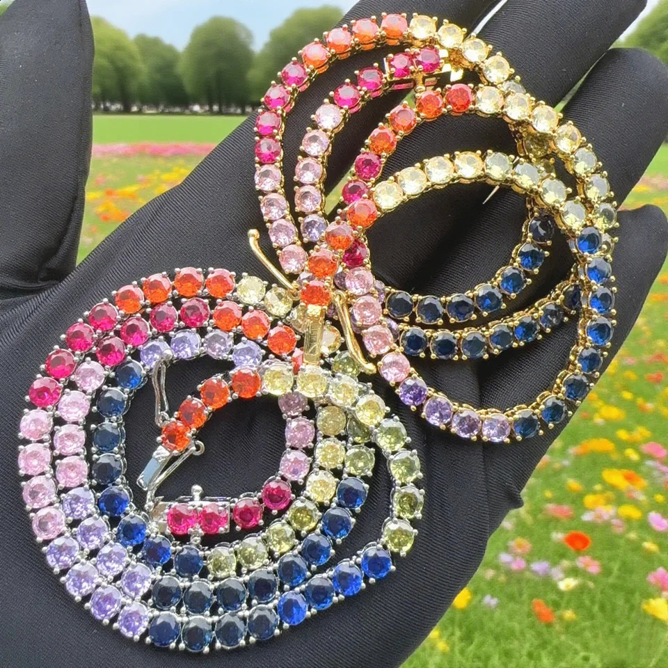 Round Heart Shaped CZ Tennis Chain Rainbow Colorful Necklace Top Quality Gold Color Hip Hop Fashion Women Choker Jewelry 260601BJ - view 4