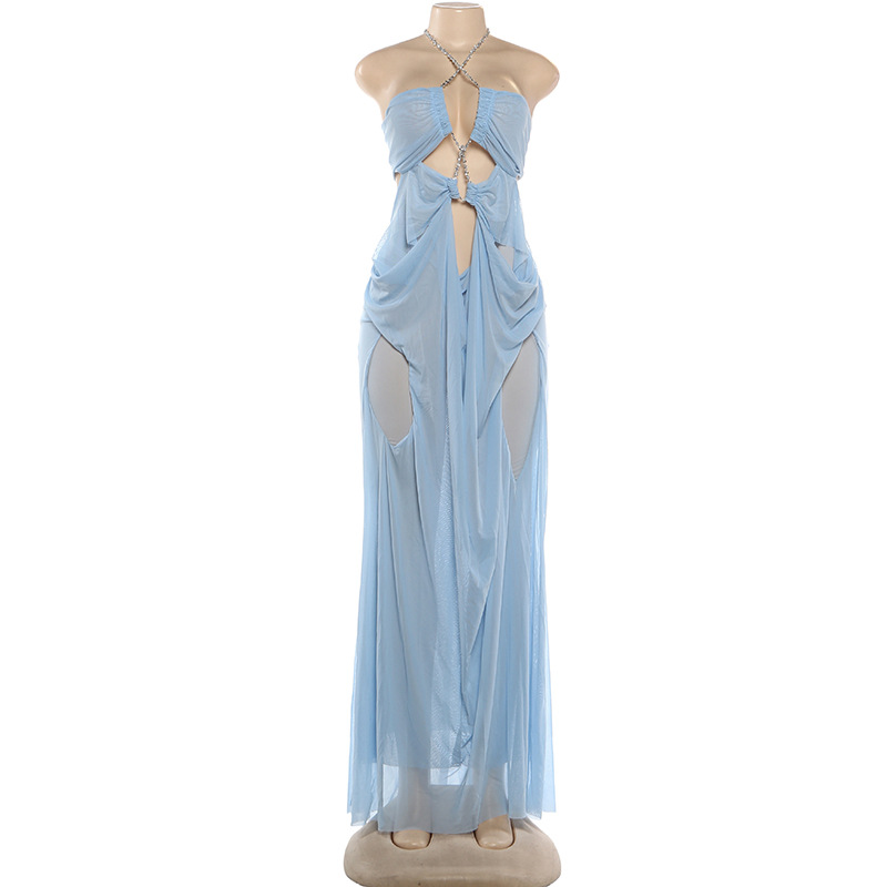 Casual Dresses Sexy See Through Dress Women Halter Chain Backless Irregular Ruched Patchwork Vacation Birthday Party Clubwear
