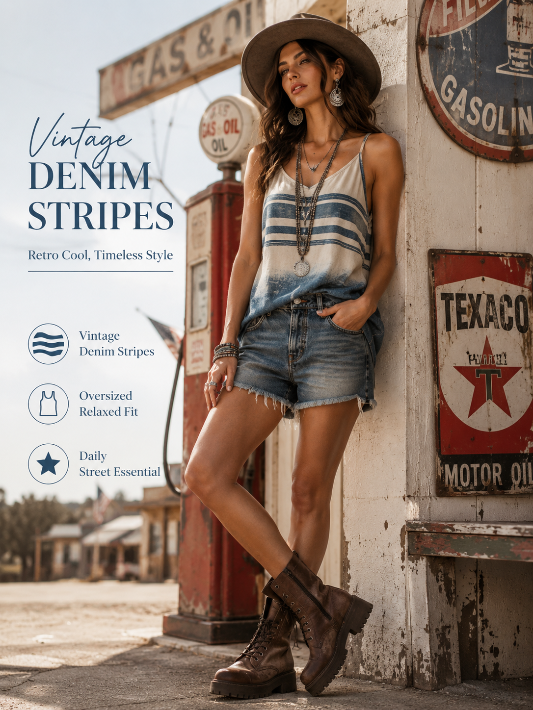 Women's Vintage Denim Stripe Tank Top-4-Way Stretch Sleeveless Cami, Loose Fit Casual Summer Blouse, Lightweight Breathable Boho Streetwear