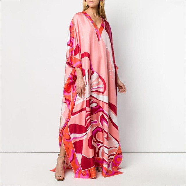 2024 Summer Womens Loose Casual Fashion Printed VNeck Long Dress Vacation Style 210615