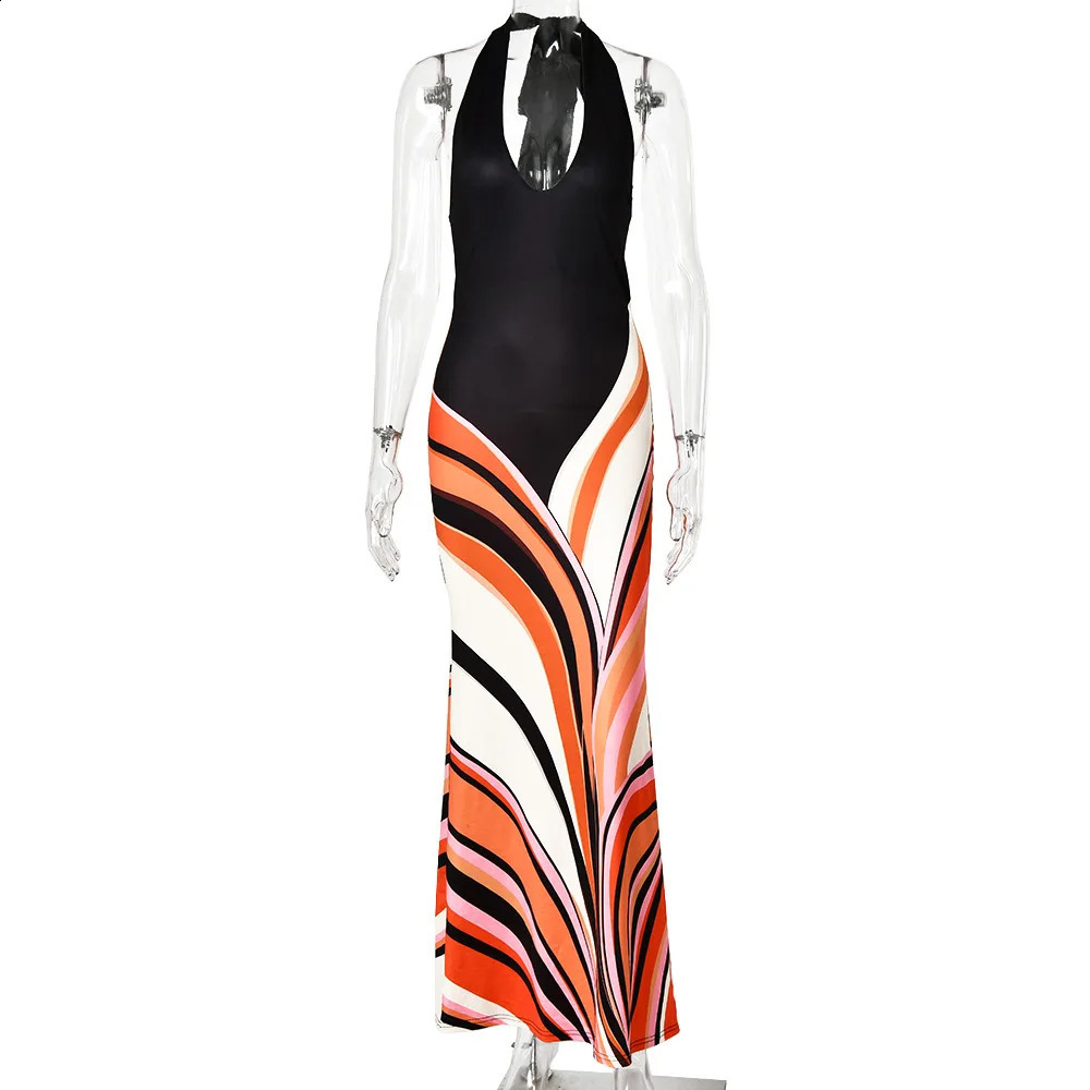 Chaxiaoa Bohemian Summer Vocation Dress Women 2026 Sleeveless Backless Sexy Bodycon Halter Dress Printed Long Maxi Dresses 260601 - view 6