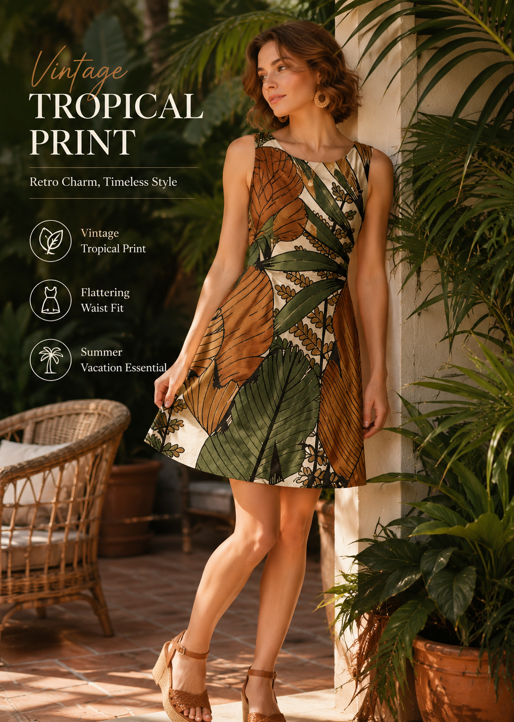 Vintage Tropical Print Dress for Women Sleeveless A-Line Summer Sundress, Casual Vacation Beach Mini Dress with Flattering Waist Fit