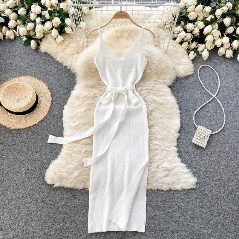 Women 2026 YuooMuoo Dress Spring Summer New Fashion Spagehtti Straps Split Long Knitted Dress Elegant Lady Office Vestidos H260707