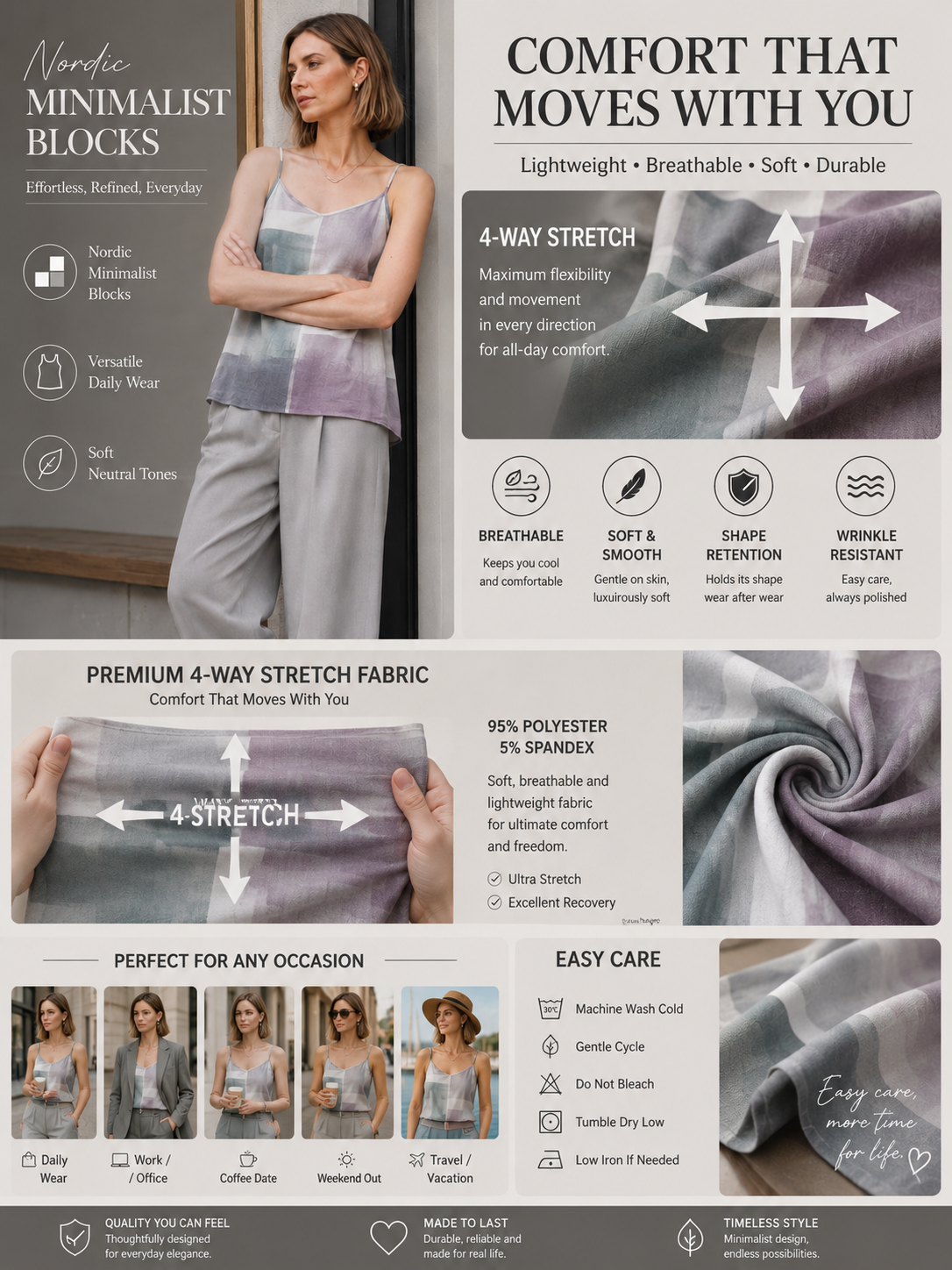 Women's Nordic Minimalist Color Block Tank Top Premium 4-Way Stretch Fabric, Sleeveless Spaghetti Strap Cami, Lightweight Breathable Summer Blous