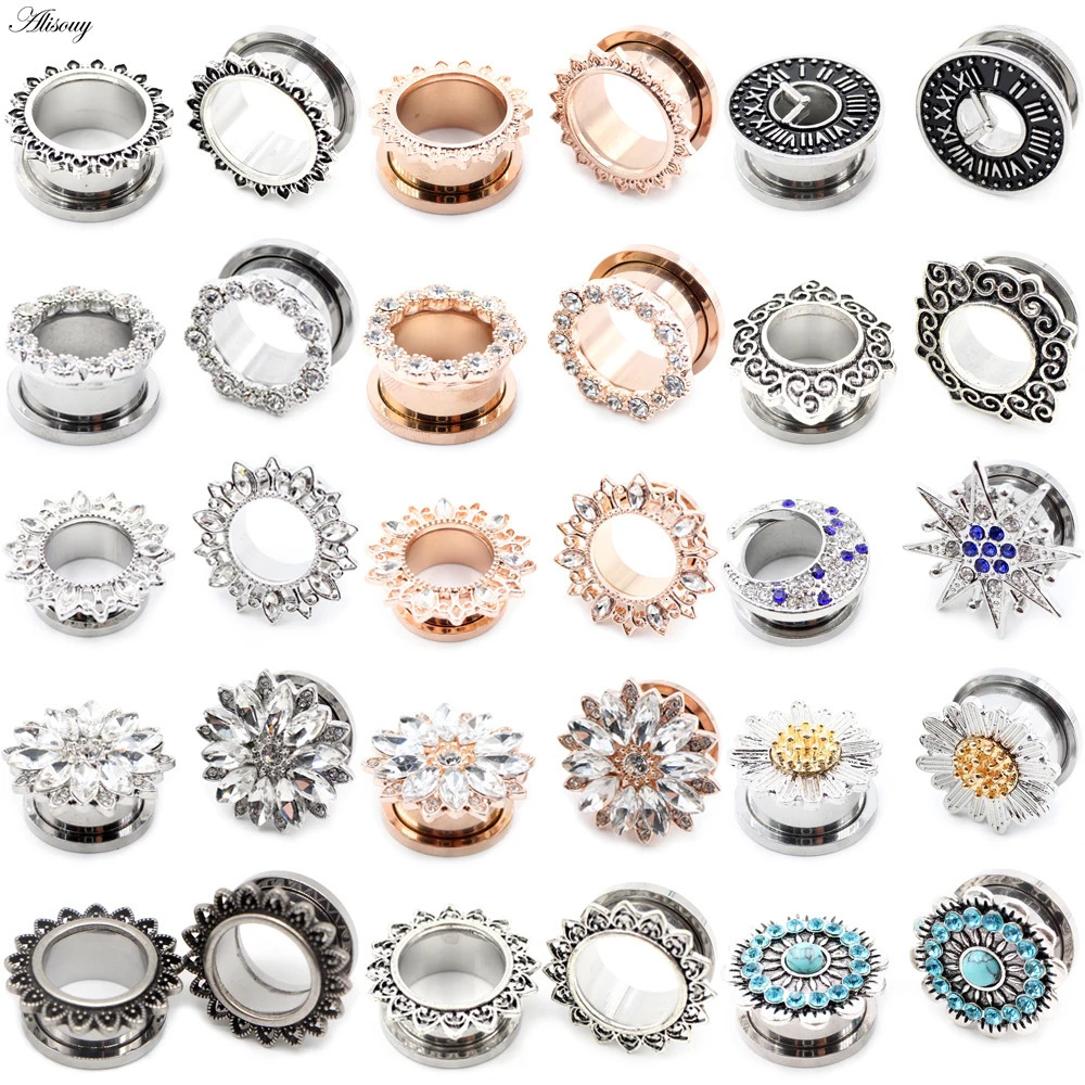 Alisouy 2pcs Stainless Steel Flower Zirconia Moon Star Clock Heart Screw Ear Tunnels Plugs Expander Gauges Body Piercing Jewelry260528BJ