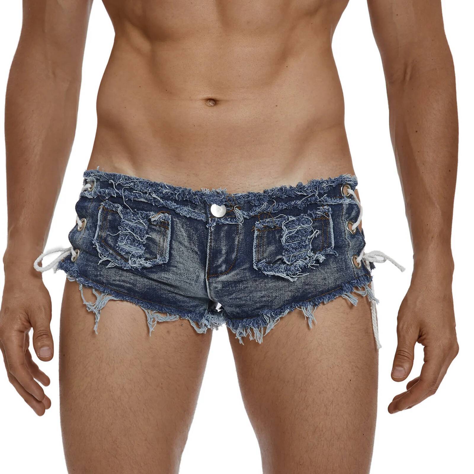 Men's Low Rise Extra Short Hot Pants Raw Edge Ripped Denim with Sides Lace-up Booty Jeans Shorts for Rave Party Clubwear dongdumaoyi - view 4