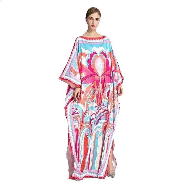 2024 Summer Womens Loose Casual Fashion Printed VNeck Long Dress Vacation Style 210615