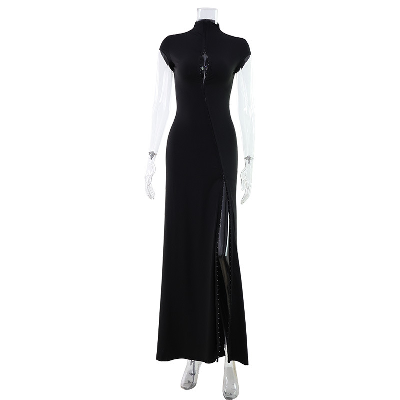 Casual Dresses Black Hollow Out Kpop Mini Dress Women Elegant Turtleneck Short Sleeve High Waist Slim 2026 Lady Party Club Robes