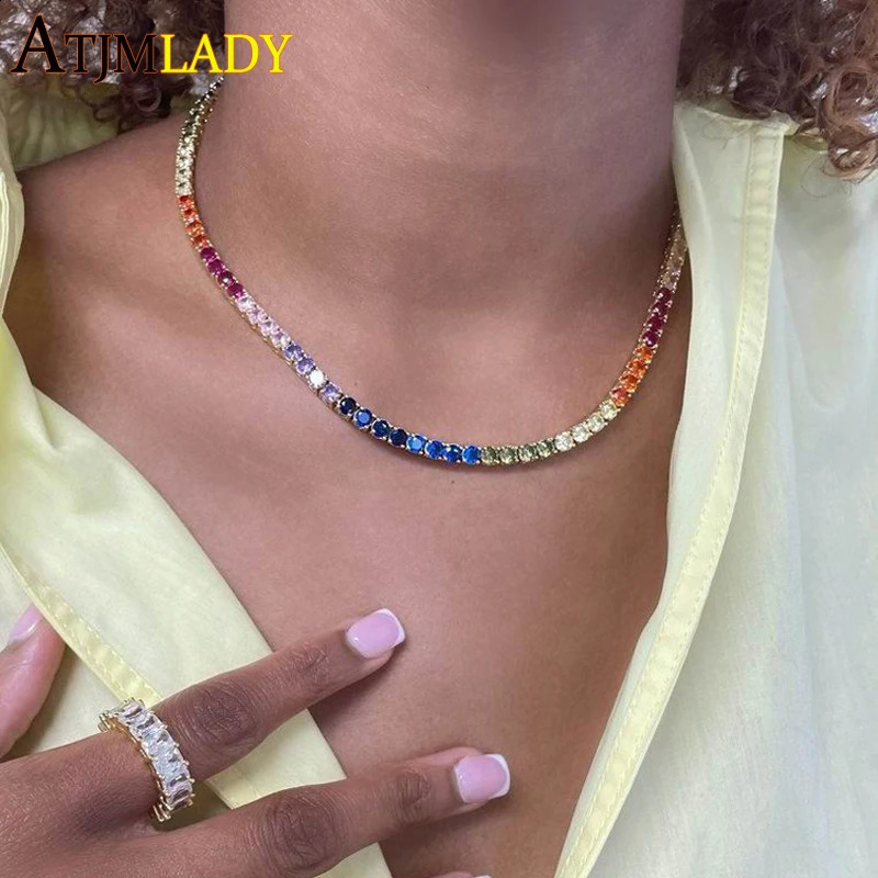 Round Heart Shaped CZ Tennis Chain Rainbow Colorful Necklace Top Quality Gold Color Hip Hop Fashion Women Choker Jewelry 260601BJ - view 6