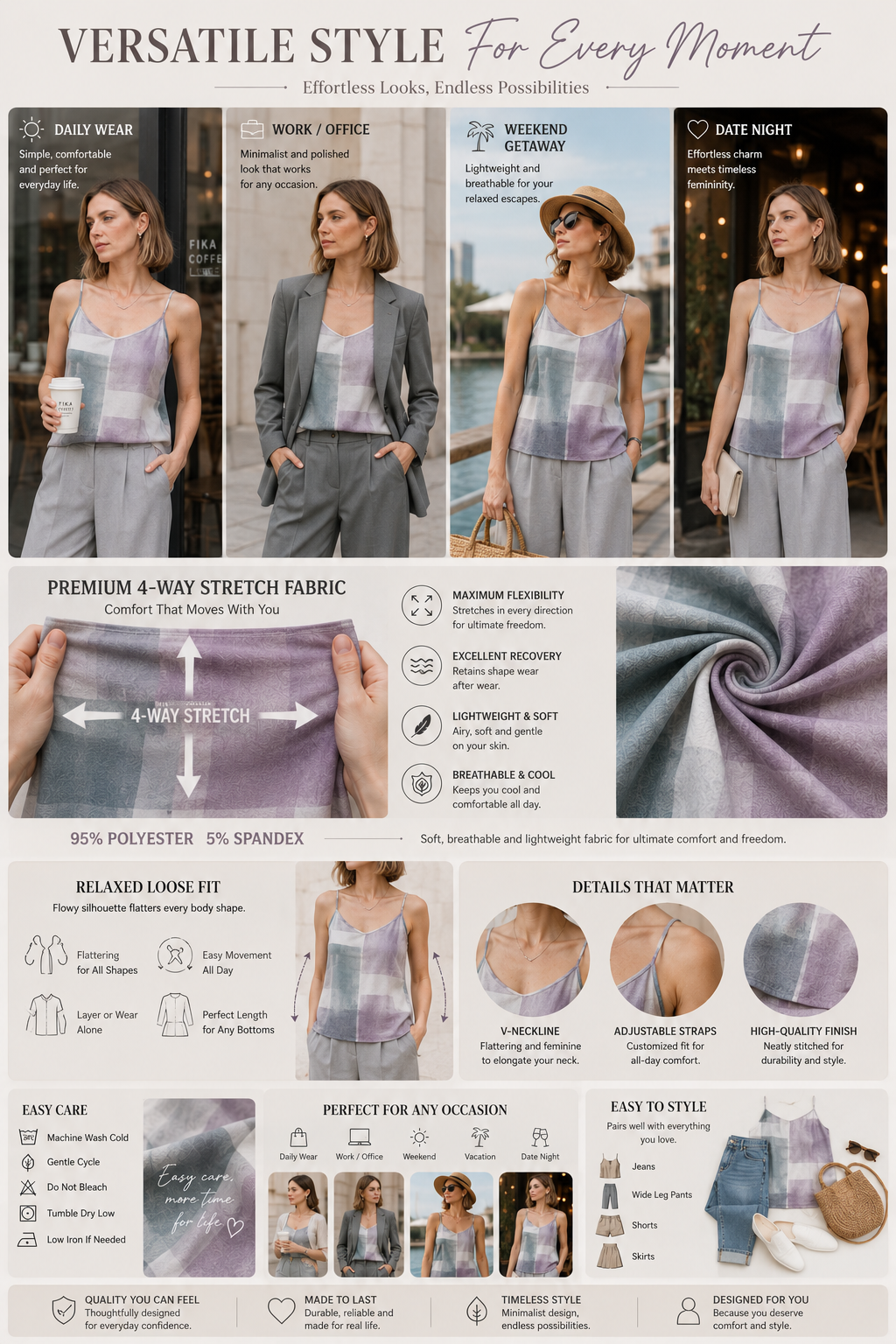 Women's Nordic Minimalist Color Block Tank Top Premium 4-Way Stretch Fabric, Sleeveless Spaghetti Strap Cami, Lightweight Breathable Summer Blous