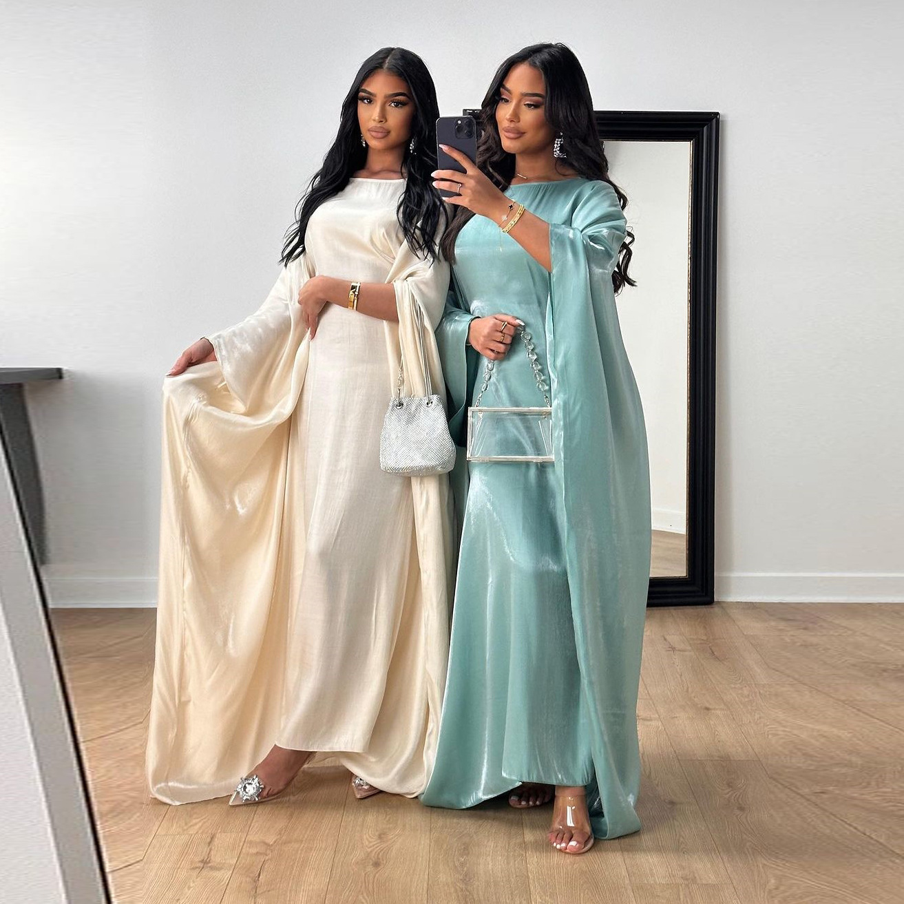 Plus Size Semi Formal Dress Green Glitter Long Sleeve V Neck Lantern Sleeve Maxi Dress Evening Long Dress 240930