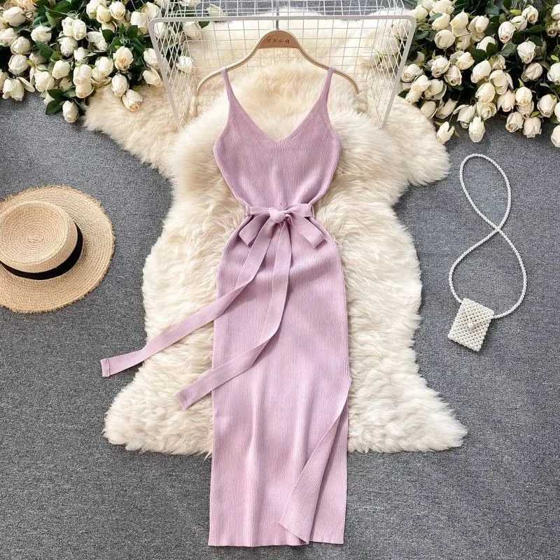 Women 2026 YuooMuoo Dress Spring Summer New Fashion Spagehtti Straps Split Long Knitted Dress Elegant Lady Office Vestidos H260707
