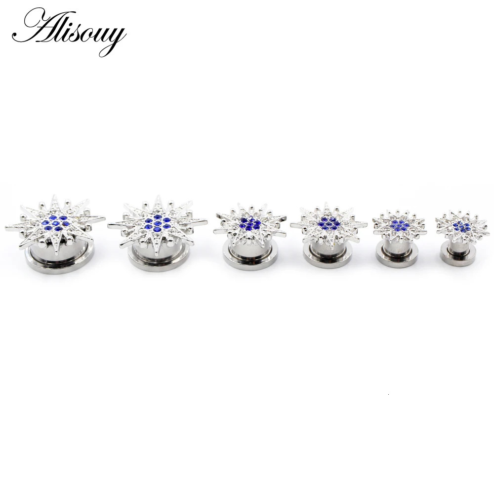 Alisouy 2pcs Stainless Steel Flower Zirconia Moon Star Clock Heart Screw Ear Tunnels Plugs Expander Gauges Body Piercing Jewelry260528BJ - view 7