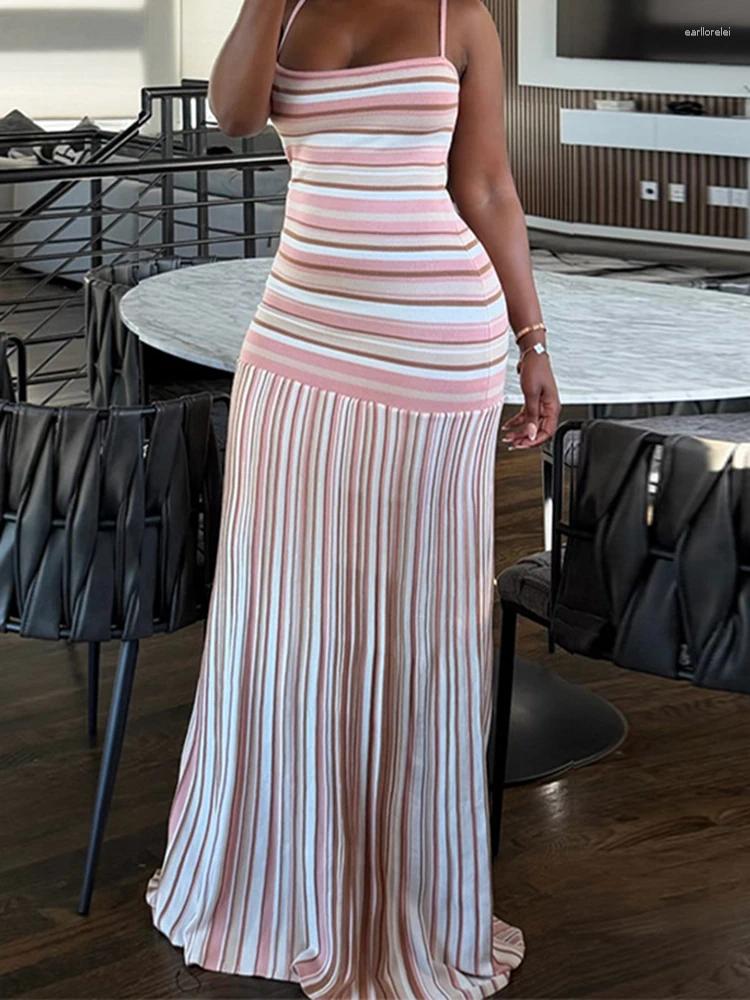 Casual Dresses Women Striped Knit Maxi Dress Spaghetti Strap Sleeveless Bodycon Pleated Hem Summer Chic Elegant Ribbed Gown