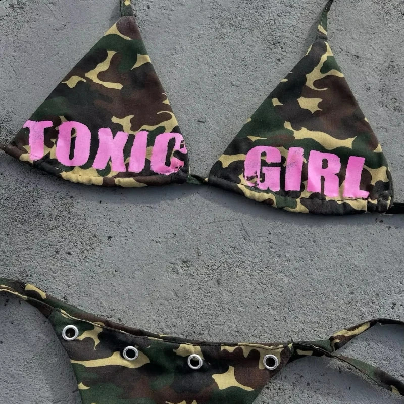 Womens Triangle Bikini Set Camouflage Print Sexy Y2K Micro Bikini Swimwear Summer Beach Vacation Party Bathing Suit For Female 260622CJ - view 5