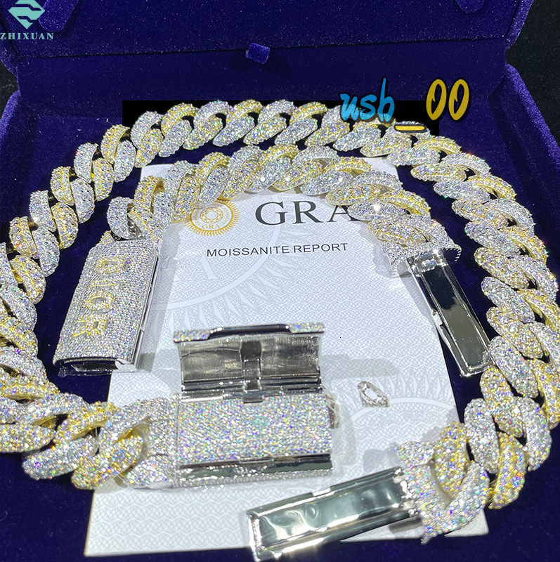 Custom 20mm Cuban Link Chain VVS Moissanite Diamond Fine Jewelry Necklace For Men Two Tone 925 Silver Charm Moissanite Chain