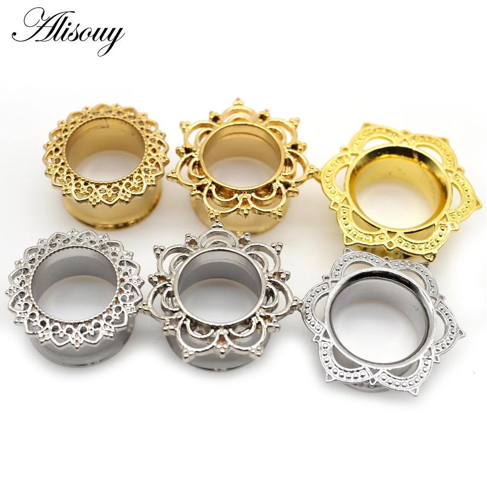 Alisouy 2pcs Copper Brass Stainless Steel Flower Ear Plugs Tunnel Expanders Stretcher Gauges Flesh Piercing Earring Body Jewelry260528BJ - view 4