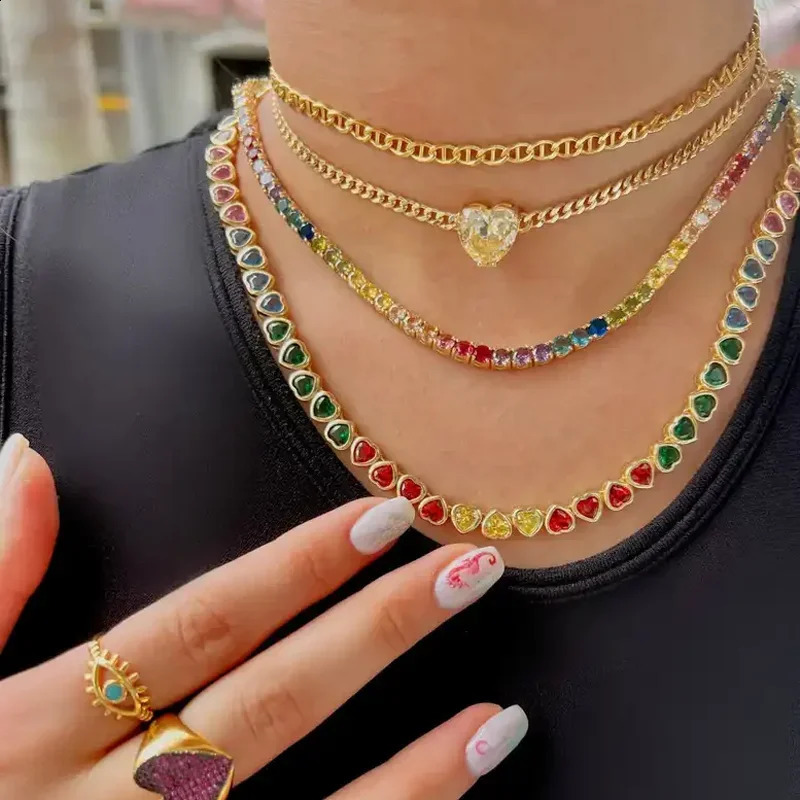 Round Heart Shaped CZ Tennis Chain Rainbow Colorful Necklace Top Quality Gold Color Hip Hop Fashion Women Choker Jewelry 260601BJ - view 7
