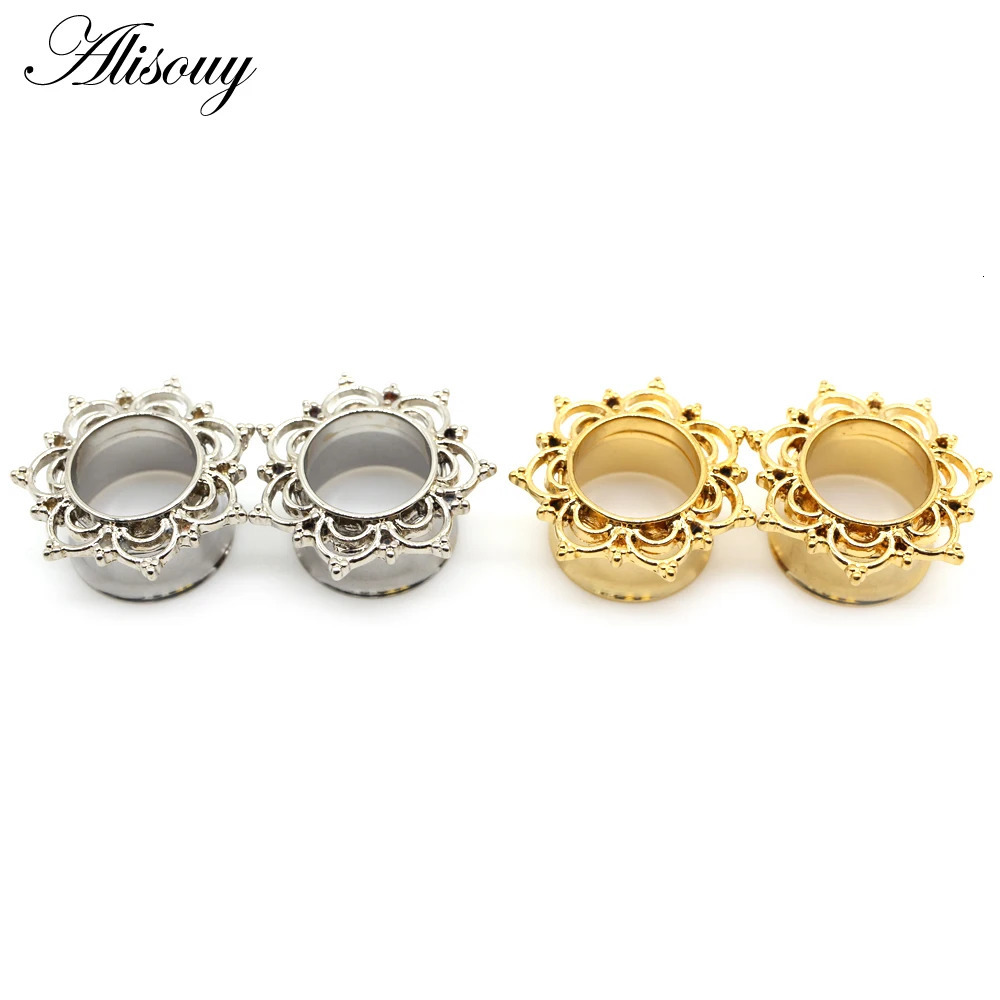Alisouy 2pcs Copper Brass Stainless Steel Flower Ear Plugs Tunnel Expanders Stretcher Gauges Flesh Piercing Earring Body Jewelry260528BJ - view 7