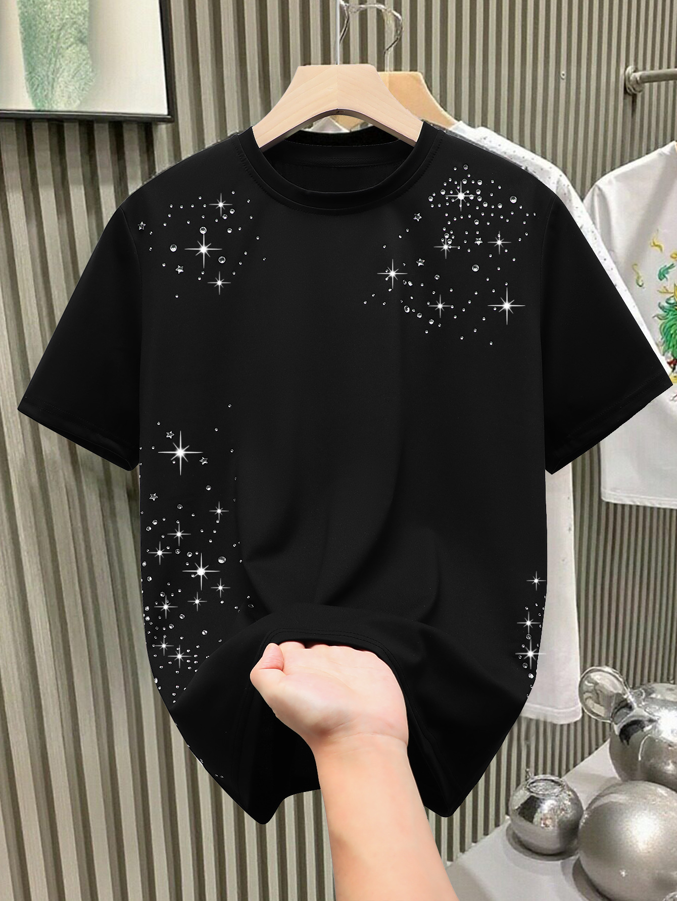 Men's T Shirts Starry Sky New Trendy Rhinestone Studded Short Sleeve T Shirts Men Oversized Loose Fit Casual Basic Unisex Couple Tops