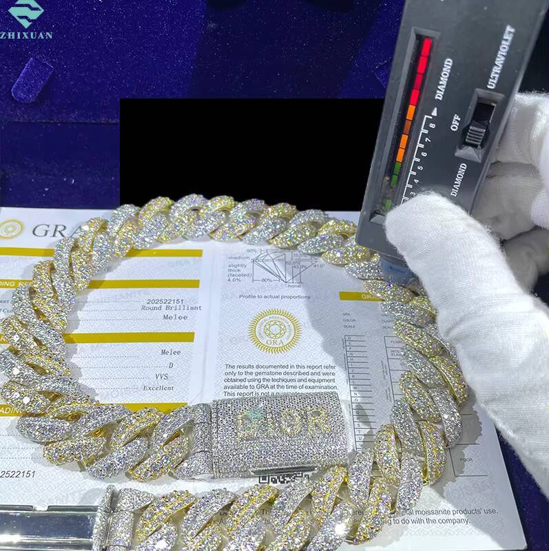 Custom 20mm Cuban Link Chain VVS Moissanite Diamond Fine Jewelry Necklace For Men Two Tone 925 Silver Charm Moissanite Chain