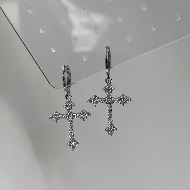Full-diamond cross long earrings, niche minimalist style, light luxury, high-end feel, versatile and unique earrings - view 5