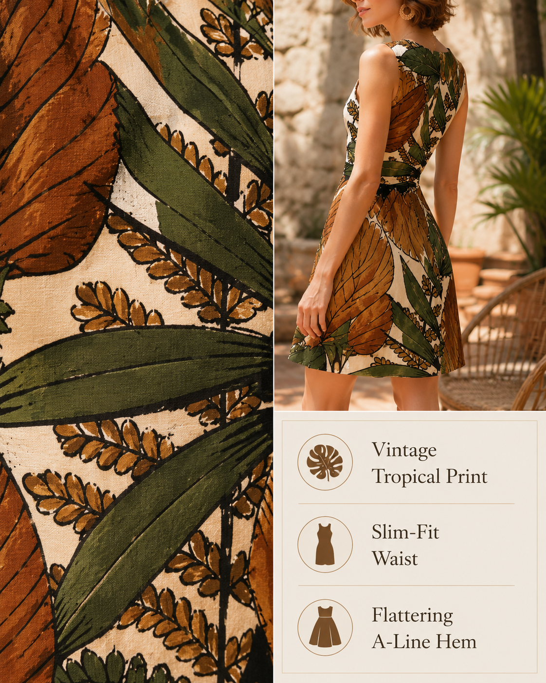 Vintage Tropical Print Dress for Women Sleeveless A-Line Summer Sundress, Casual Vacation Beach Mini Dress with Flattering Waist Fit