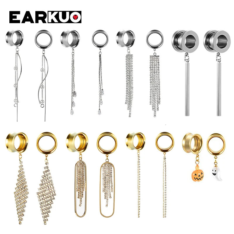 EARKUO Stainless Steel Square Bar Chains Dangle Ear Plugs Piercing Gauges Tunnels Body Jewelry Earring Stretchers 2PCS260528BJ