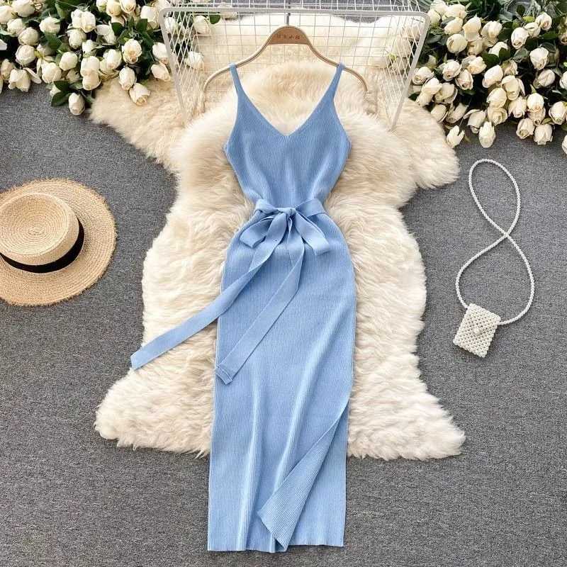 Women 2026 YuooMuoo Dress Spring Summer New Fashion Spagehtti Straps Split Long Knitted Dress Elegant Lady Office Vestidos H260707