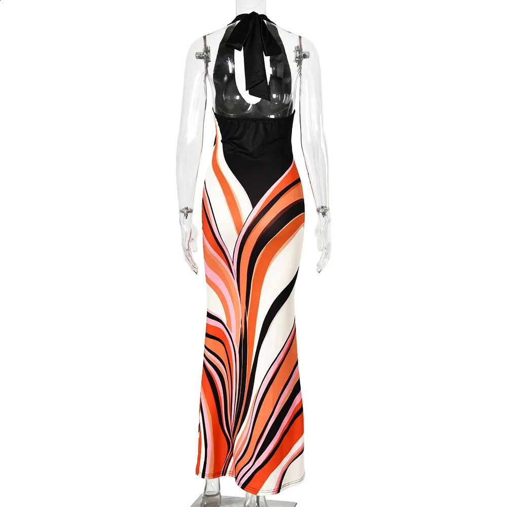 Chaxiaoa Bohemian Summer Vocation Dress Women 2026 Sleeveless Backless Sexy Bodycon Halter Dress Printed Long Maxi Dresses 260601 - view 7