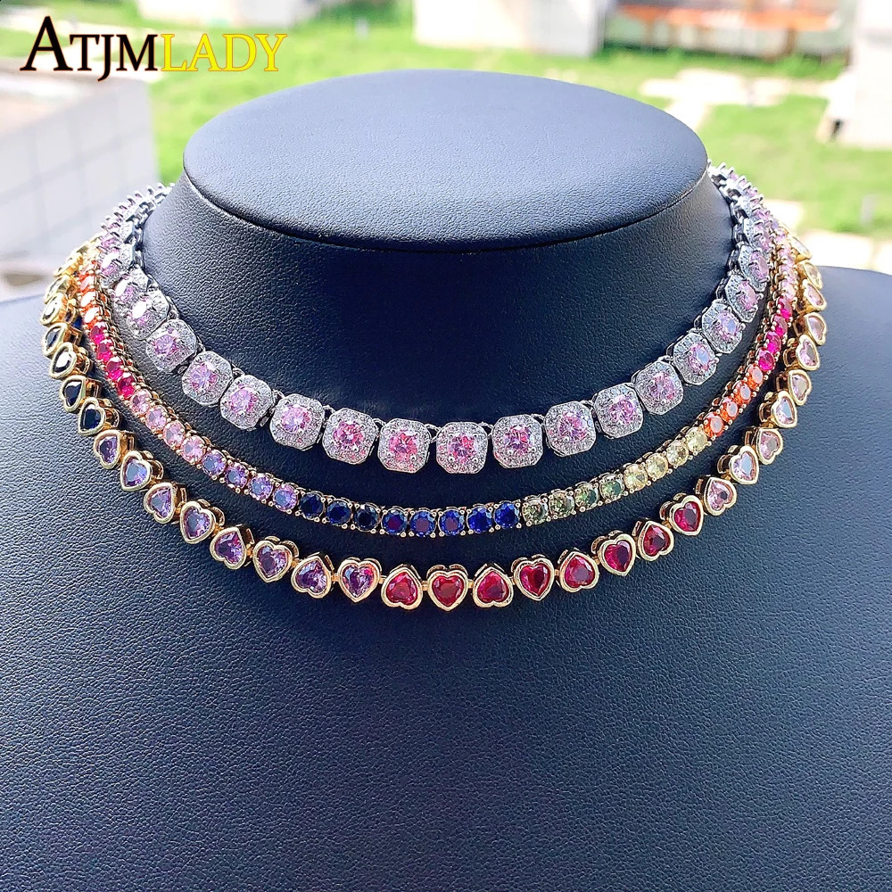 Round Heart Shaped CZ Tennis Chain Rainbow Colorful Necklace Top Quality Gold Color Hip Hop Fashion Women Choker Jewelry 260601BJ - view 5