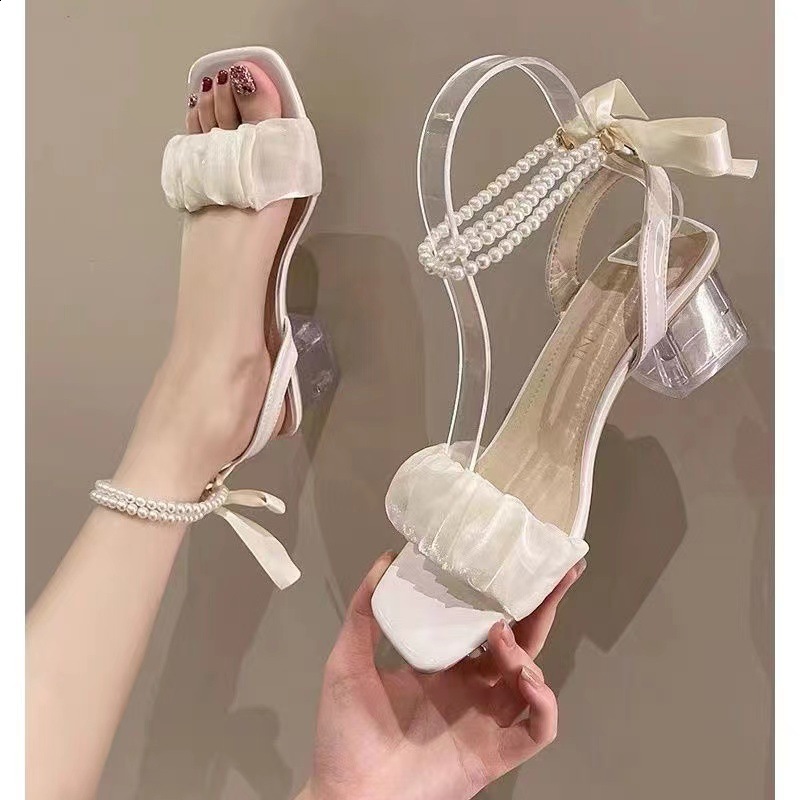 Summer Womens Sandals Wedding Shoes Low Heels Rhinestone White Pearl Flowers Ankle Buckle Block Heel Ladies Pumps Size 43 240701