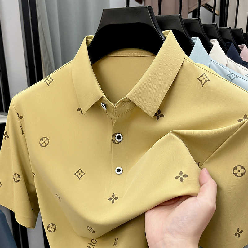 Summer new men's ice silk short-sleeve polo shirt with high-quality collar business casual print and seamless T-shirt for men