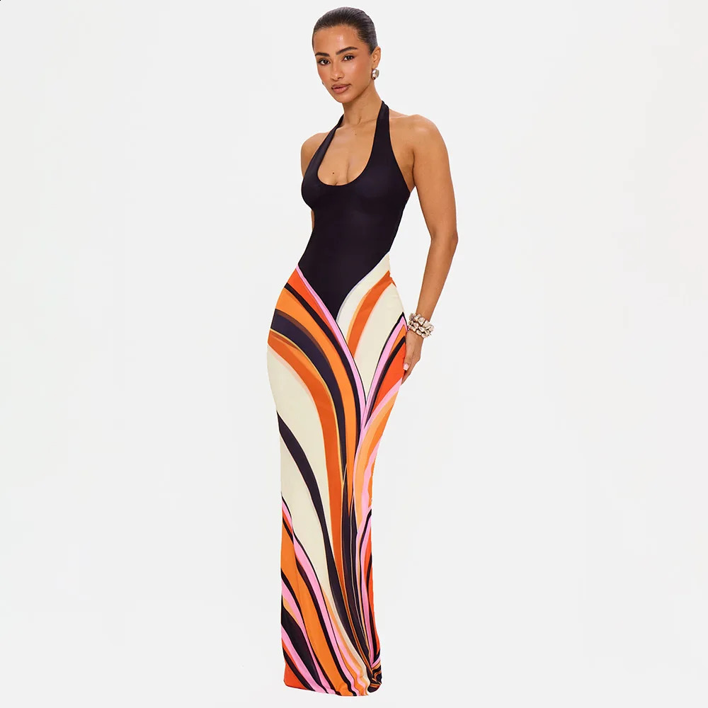 Chaxiaoa Bohemian Summer Vocation Dress Women 2026 Sleeveless Backless Sexy Bodycon Halter Dress Printed Long Maxi Dresses 260601 - view 4