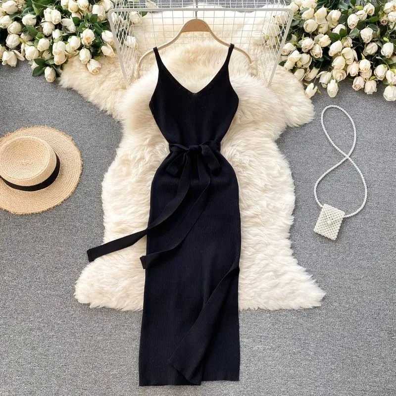 Women 2026 YuooMuoo Dress Spring Summer New Fashion Spagehtti Straps Split Long Knitted Dress Elegant Lady Office Vestidos H260707
