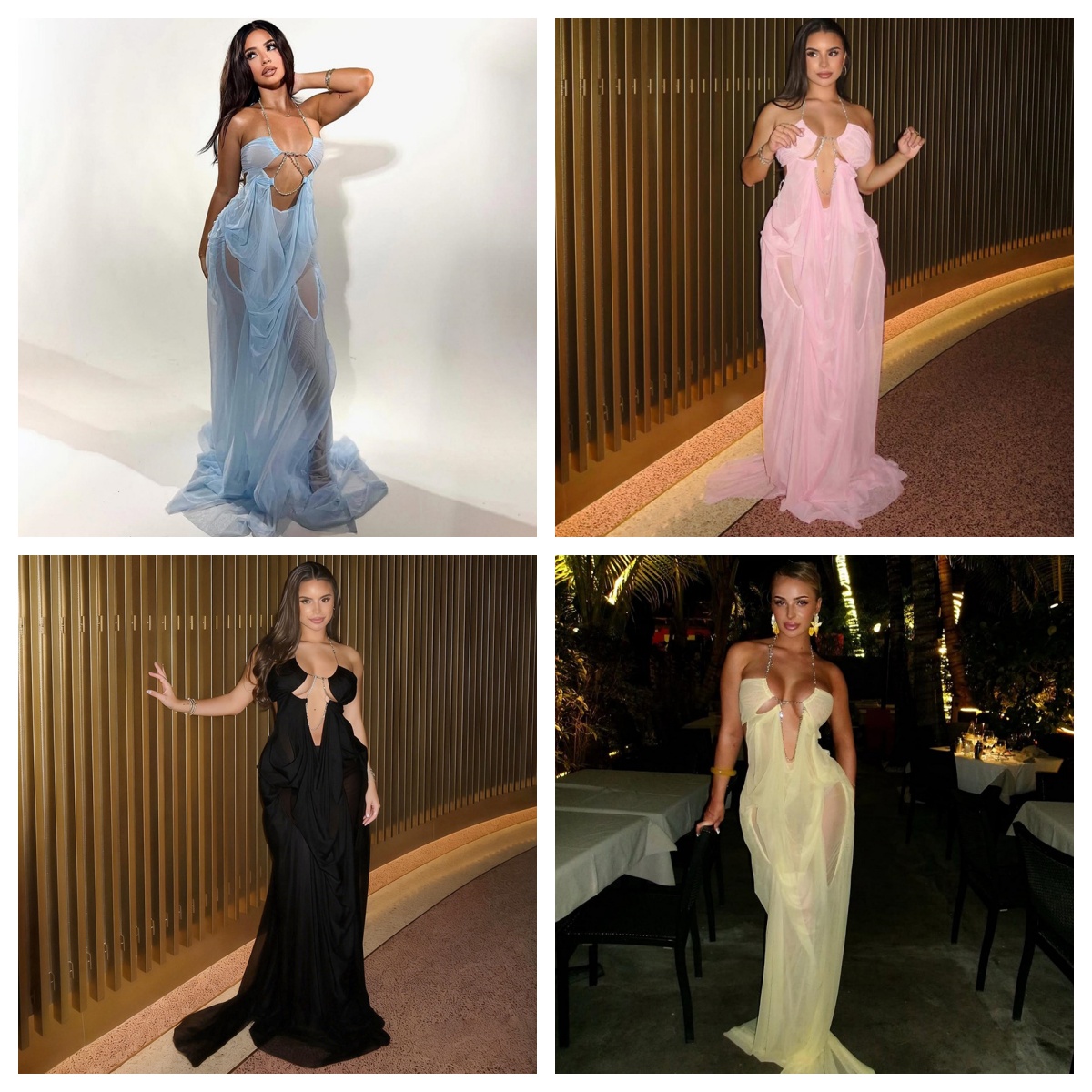 Casual Dresses Sexy See Through Dress Women Halter Chain Backless Irregular Ruched Patchwork Vacation Birthday Party Clubwear
