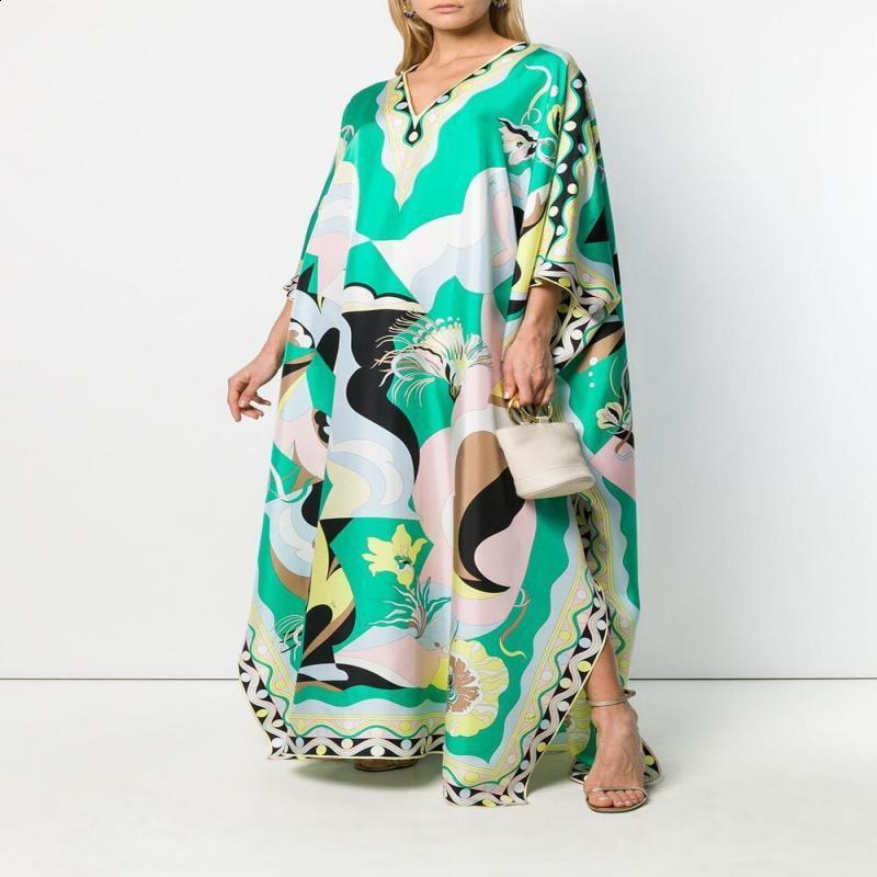 2024 Summer Womens Loose Casual Fashion Printed VNeck Long Dress Vacation Style 210615
