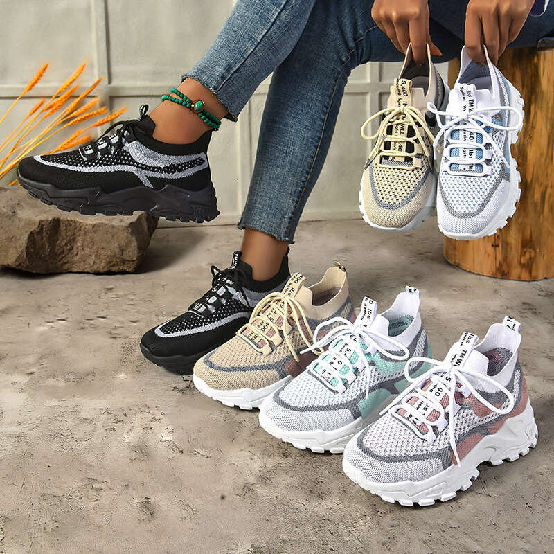 Women's Fashion Casual Shoes, Spring New Arrival, Lightweight Soft Sole Dad Shoes, Flyknit Breathable Mesh Sneakers