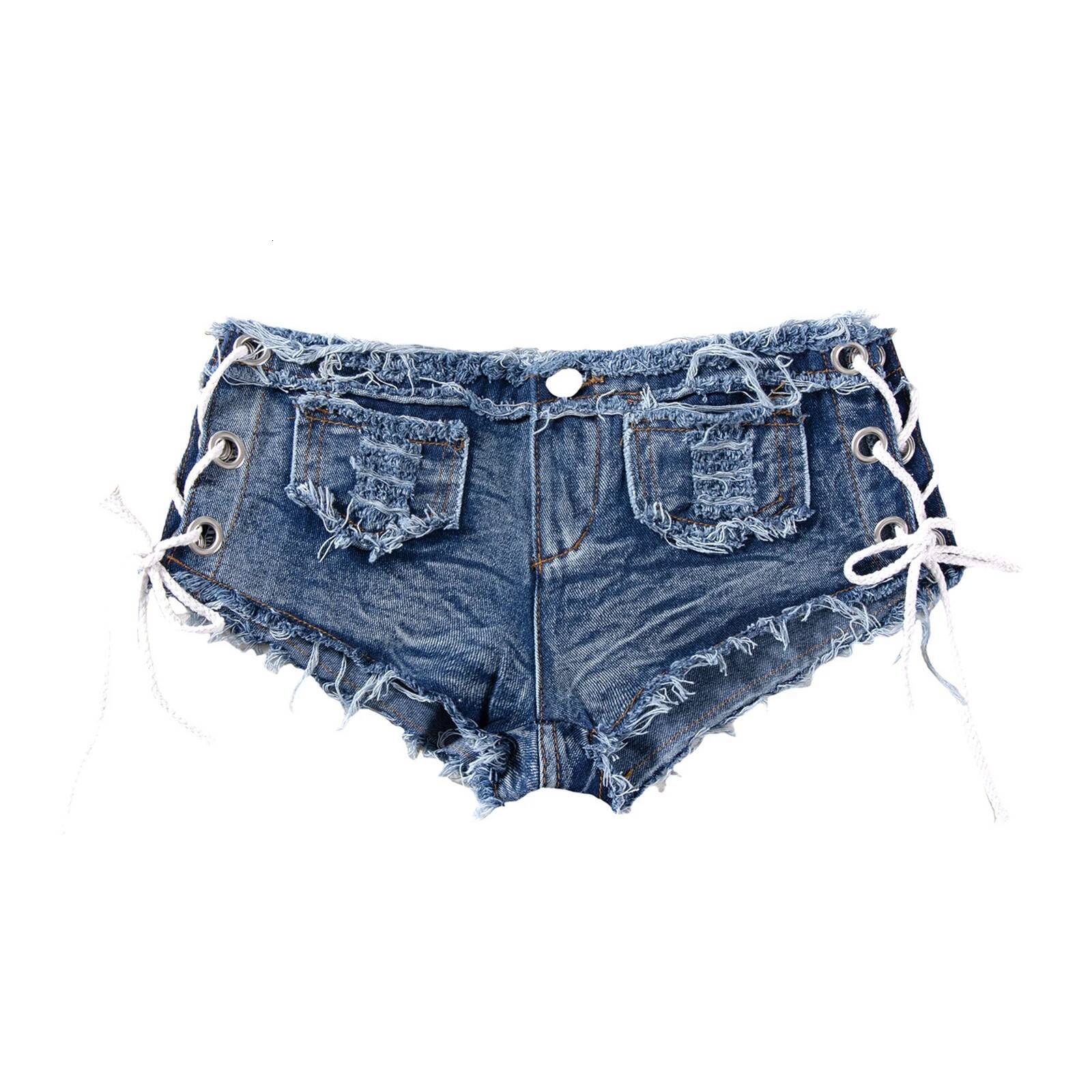 Men's Low Rise Extra Short Hot Pants Raw Edge Ripped Denim with Sides Lace-up Booty Jeans Shorts for Rave Party Clubwear dongdumaoyi