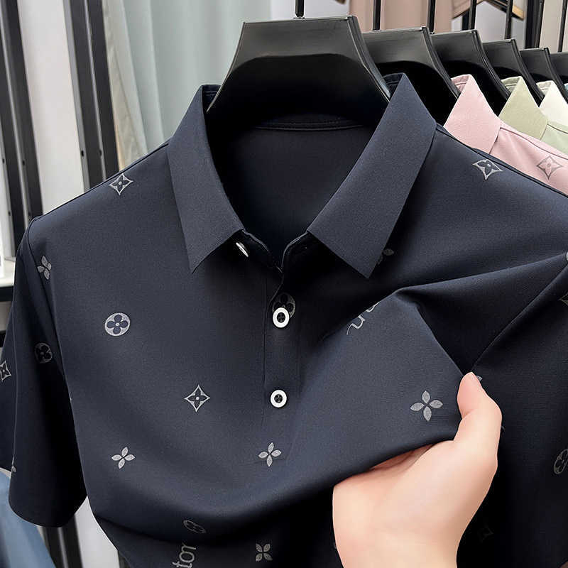 Summer new men's ice silk short-sleeve polo shirt with high-quality collar business casual print and seamless T-shirt for men
