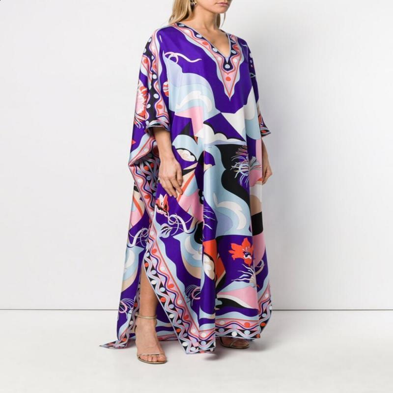 2024 Summer Womens Loose Casual Fashion Printed VNeck Long Dress Vacation Style 210615