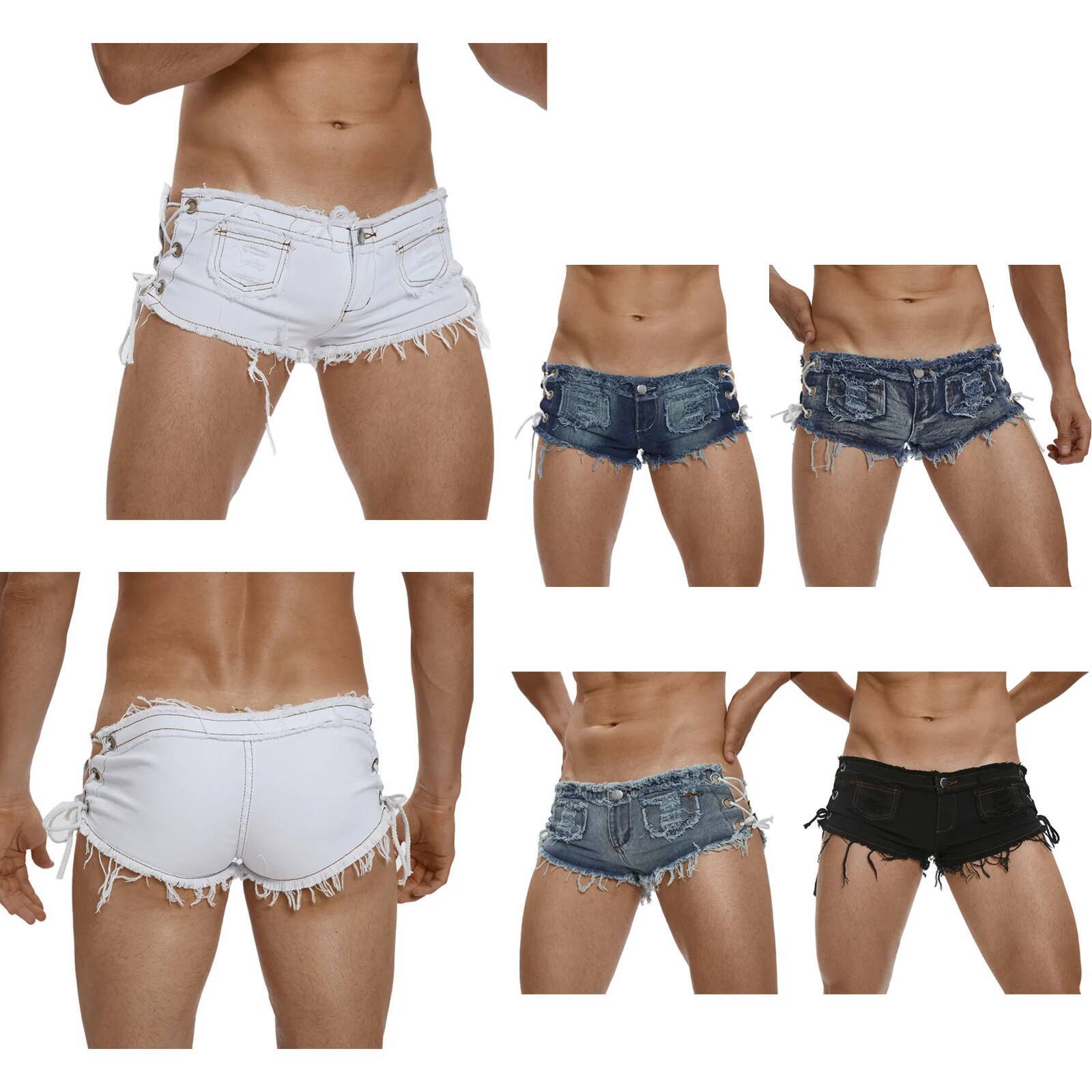 Men's Low Rise Extra Short Hot Pants Raw Edge Ripped Denim with Sides Lace-up Booty Jeans Shorts for Rave Party Clubwear dongdumaoyi - view 3