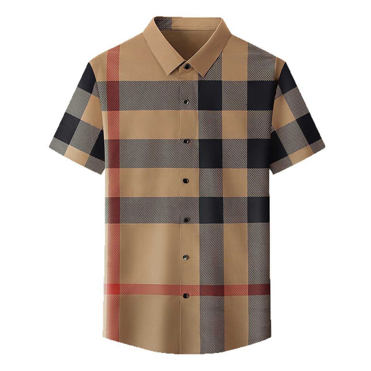 2026 New Summer Men's Fashionable Business Ice Silk Plaid Shirt with Turn-down Collar and Short Sleeves for Middle-aged Men